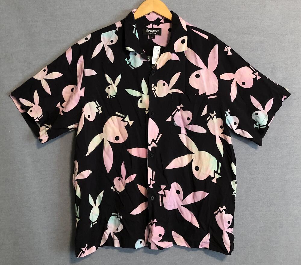 Playboy PacSun Shirt Mens Large L Black Pastel All Over Bunny Button Up Rayon